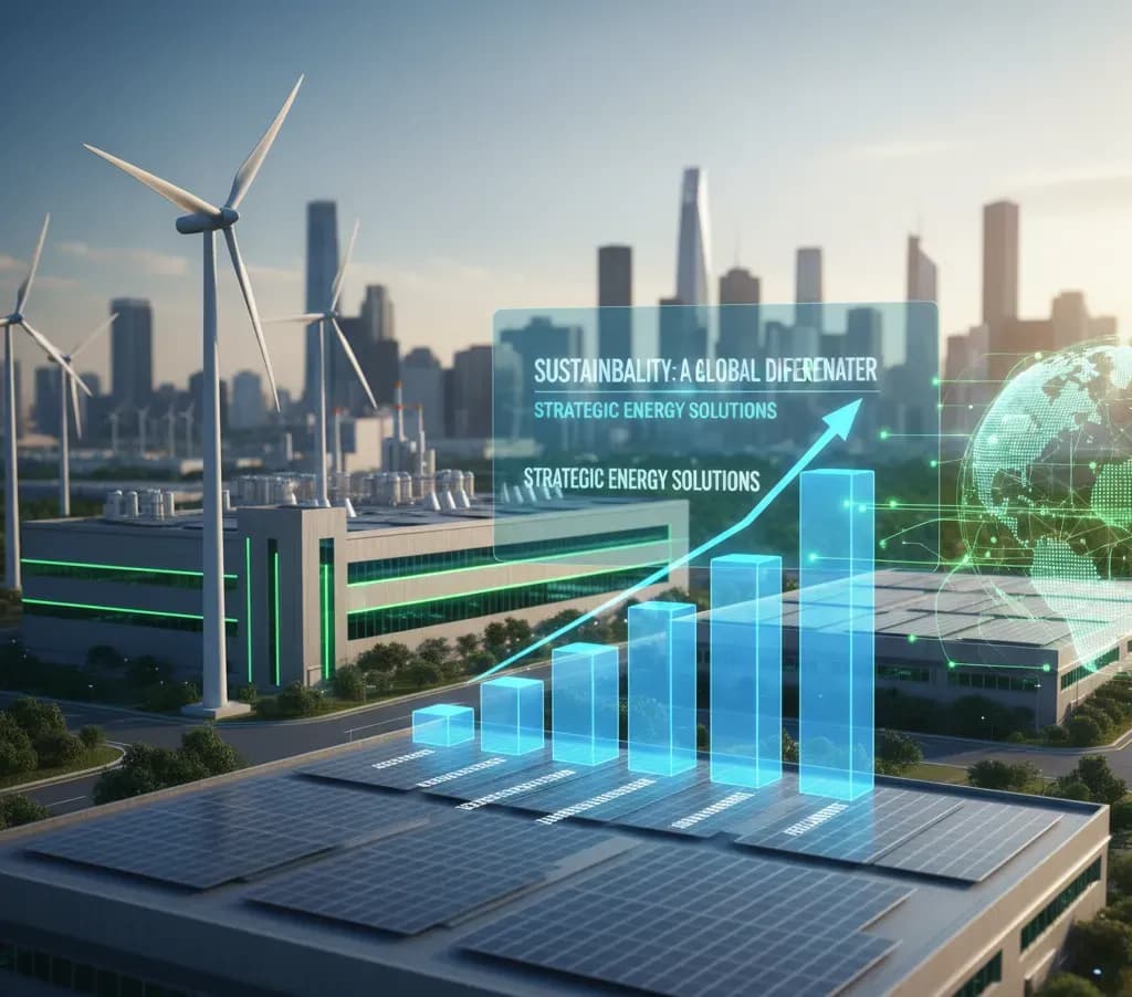Ilustración de un Sistema sustentable de soluciones en energía con diferentes esquemas en azul de las soluciones de DTC Machinery
